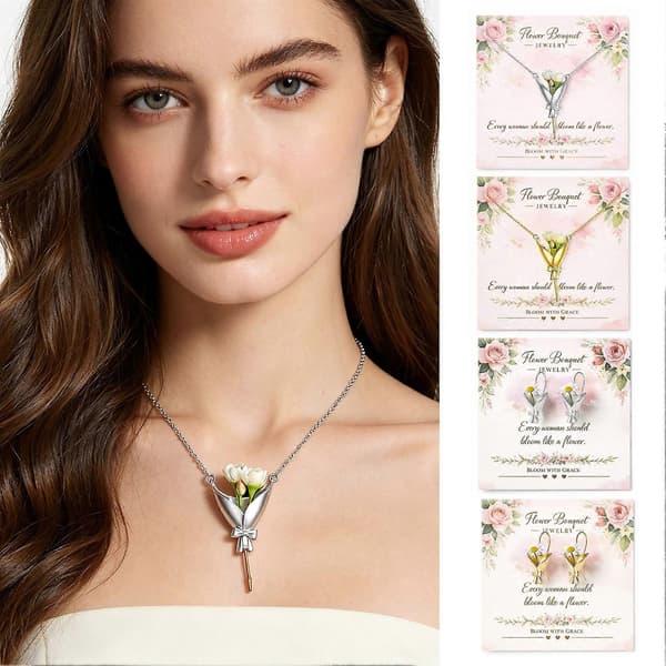 Halsband med polerad silvermetallblomlåda för kvinnor Romantisk present White & Silver