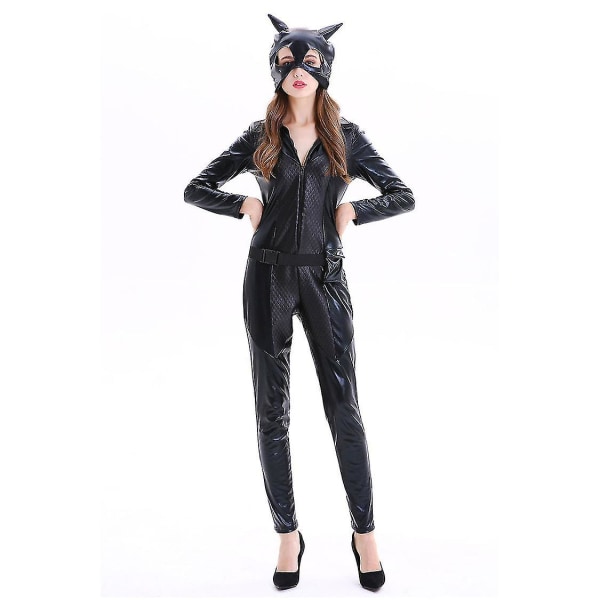 Catwomen Girl Jumpsuit PU Läder Catsuit Kostym Festoutfit Klä upp Cosplay Tight Body Svart
