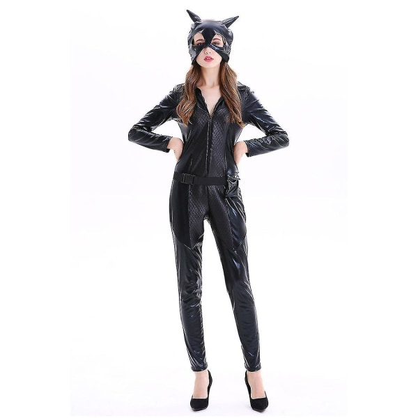 Catwomen Girl Jumpsuit PU Läder Catsuit Kostym Festoutfit Klä upp Cosplay Tight Body Svart S