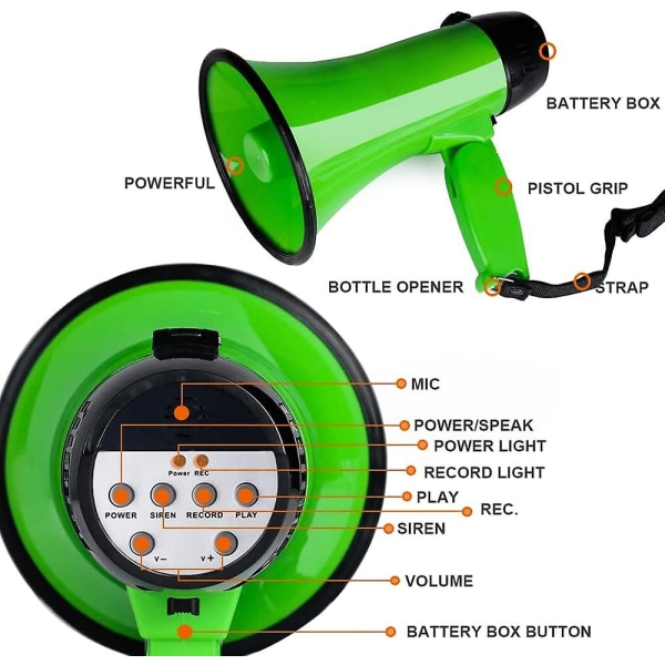 Bärbar megafon bullhorn 20 watt power megafonhögtalare röst och siren/larmlägen med volymkontroll och rem