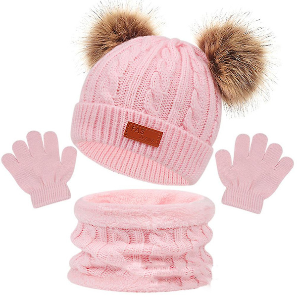 3 stk/sett Barn Vinter Pompom Lue Skjerf Hansker Sett Vinter Varme gaver Pink A