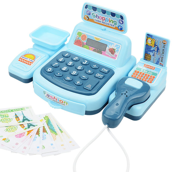 Elektroniska barn låtsas leka husleksaker Simulering Supermarket Cash Game med fungerande skanner Kreditkort set Blue One Size