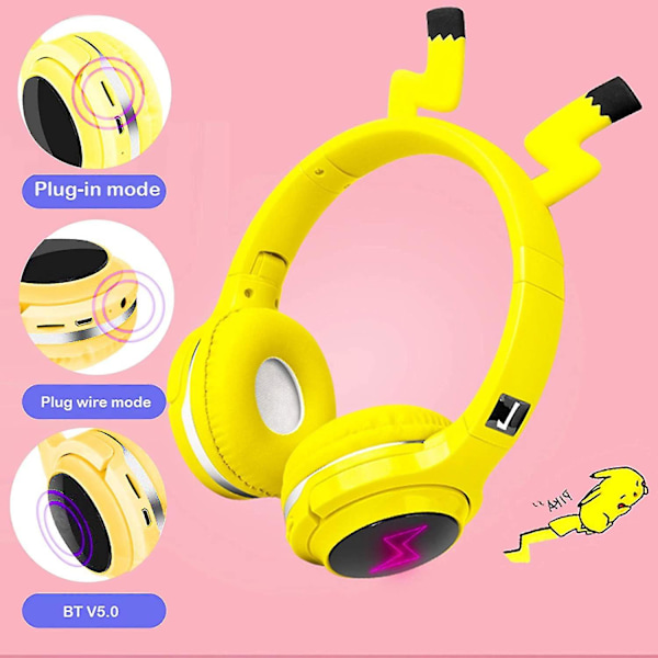 Langattomat Bluetooth-kuulokkeet lapsille, söpöt Pikachu-korvaläpät sisäänrakennetulla mikrofonilla, langattomat