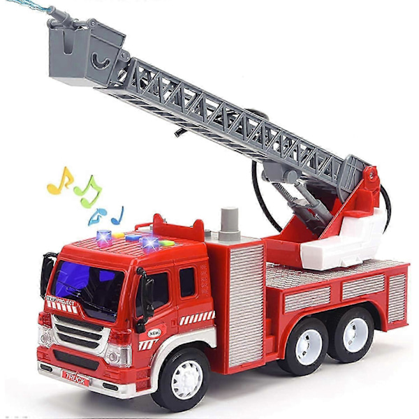 Leksaksbrandbil med ljus och ljud, 26,7 cm friktionsdriven bil brandbil med vattenpump, sirener och utdragbar stege brandmansleksaksbil