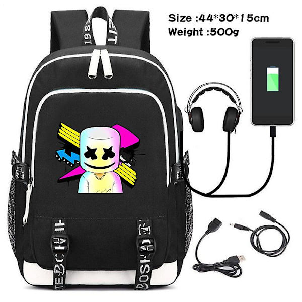 Menn Cosplay-ryggsekk Studentskoleveske med usb-lading Utskrift Dj Marshmello Laptop Uformell reiseryggsekk Bursdagsgave picture color8