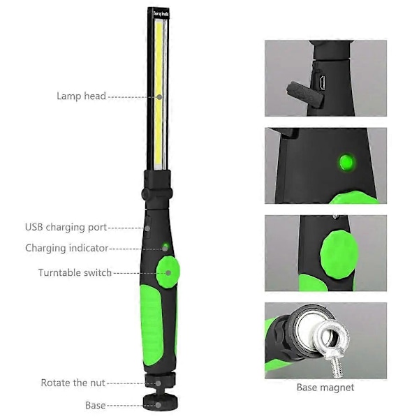 Bærbar COB LED Lommelykt USB Oppladbar Arbeidslampe Vanntett Lanterna Lampe Verksted Nød Camping Belysning Lommelykt Green