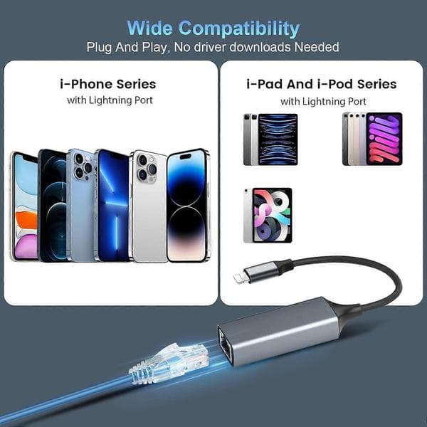 [MFi-certificeret] Lightning til Ethernet-adapter, 100 Mbps Lightning til RJ45 Ethernet LAN-netværksadapter, kompatibel med i-P