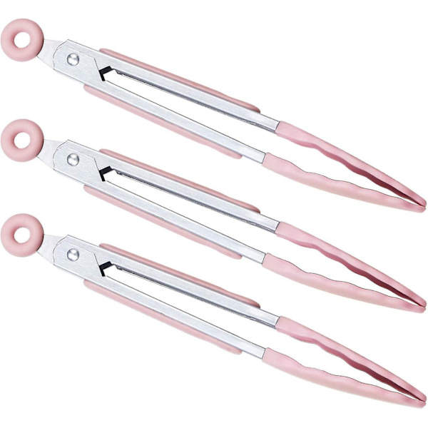 Silikon serveringstång 21cm set om 3 - Rosa biffstång grilltång rosa buffétång
