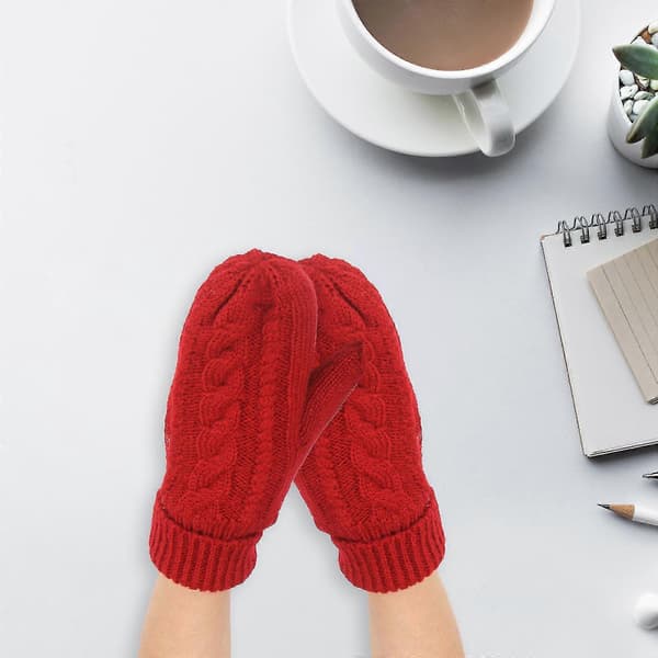 Dame bløde strikhandsker: Varme vinter-essentials. Ensfarvede, tykke vanter til hverdagsbrug Wine Red One Size