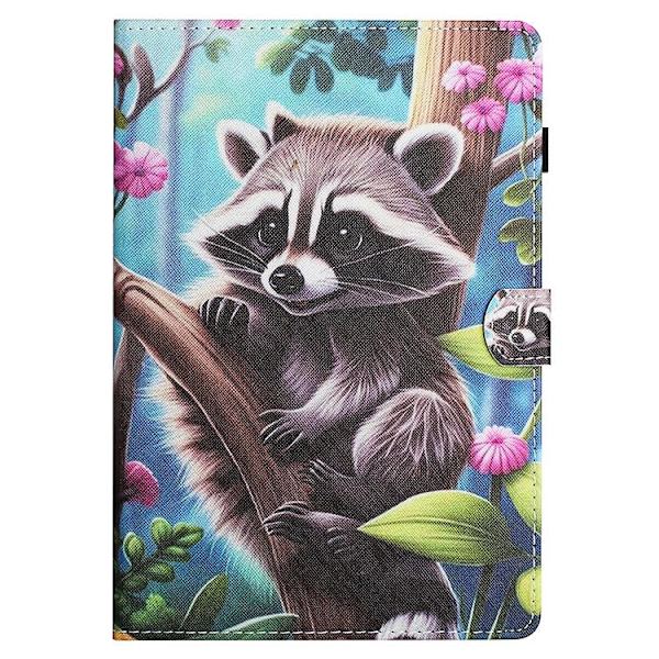 Samsung Galaxy Tab S6 Lite -värillinen piirrosompelu, nahkainen case Raccoon