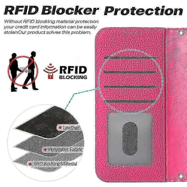 iPhone 17 Pro Max Äkta läderfodral med ställfunktion, litchi-textur och RFID-skydd Pink