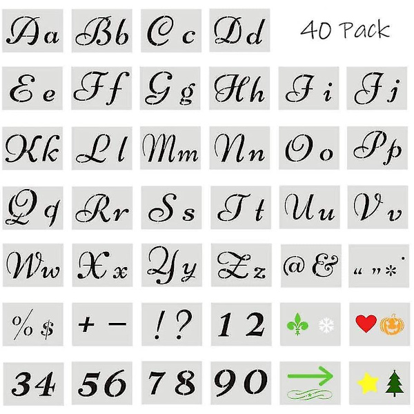 40 Sjablonger med bokstaver for maling på tre, 80 håndverkssjablonger, gjenbrukbare plastbokstavsjablonger med tall og symboler