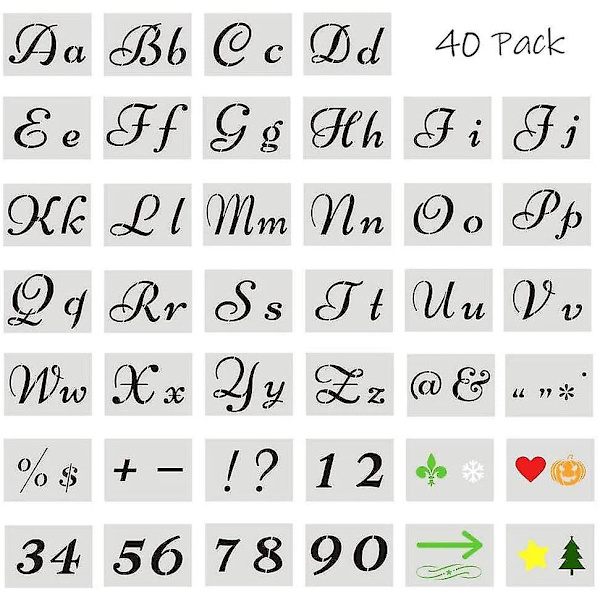 40 styks stencils Bogstaver til maling på træ, 80 håndværksstencilskabeloner, genanvendelige plastikalfabetskabeloner med tal og tegn