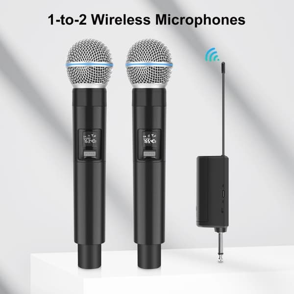 1-2 Trådløse mikrofoner med LED-display, 6,35 mm Jack-sender, Sort[JUN]