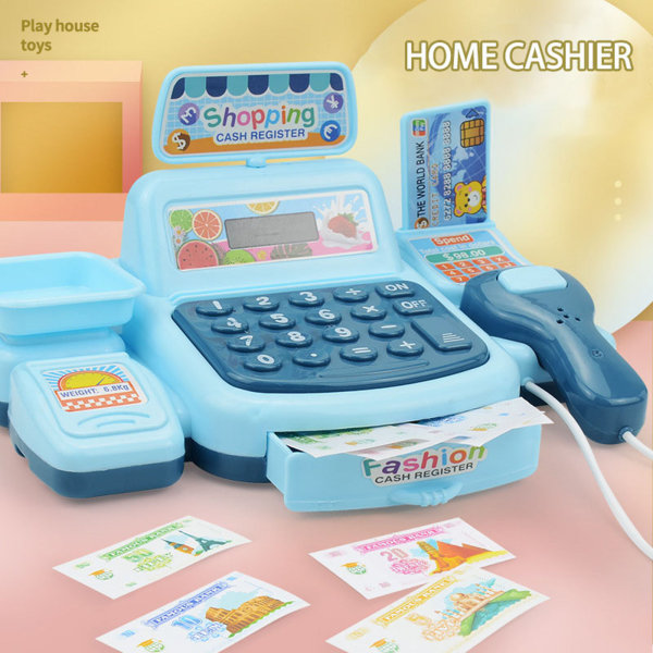 Elektroniska barn låtsas leka husleksaker Simulering Supermarket Cash Game med fungerande skanner Kreditkort set Blue One Size