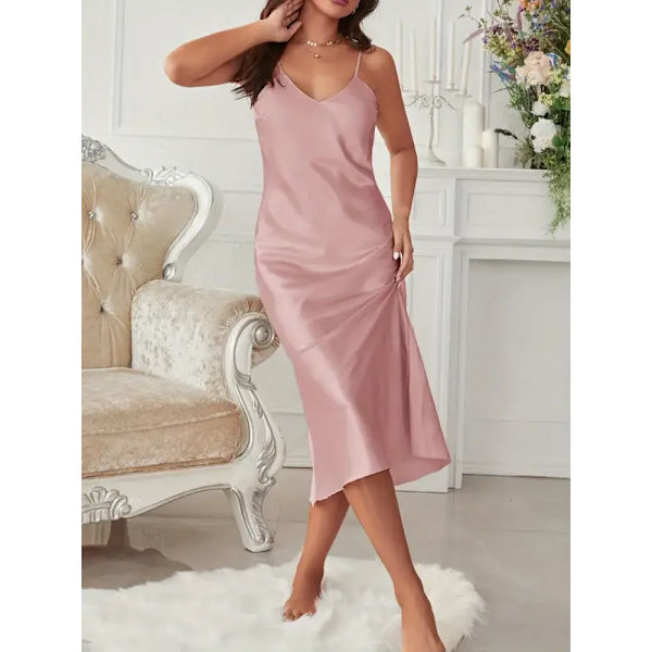 Satin Slip Nattlinne, Elegant V-ringad Rygglös Spaghettirem Nattklänning, Dam Sovkläder & Klänningar Rosa Rosa Pink L