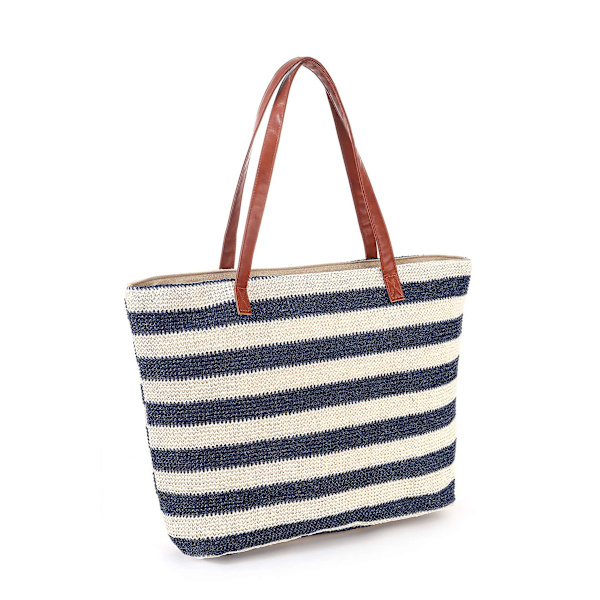 Strandtasker Stor Xxl familie med lynlås - flettet stråtaske Shopper skuldertaske Shoppingtaske-blå