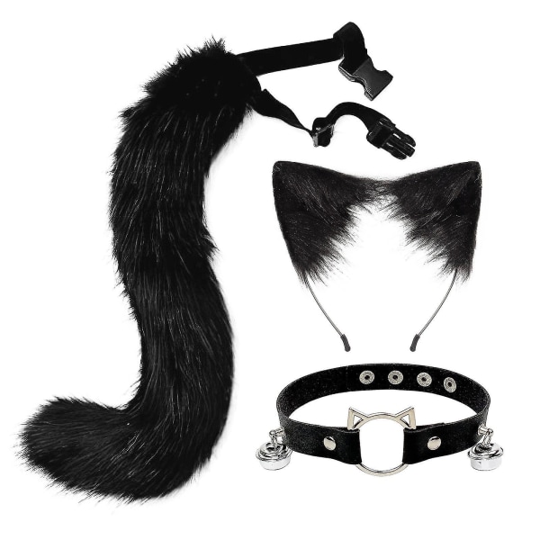 3kpl Cosplay Cat Söpöt Korvat Pääpanta Furry Fox Tail Bell Neck Choker Set Lelut Black