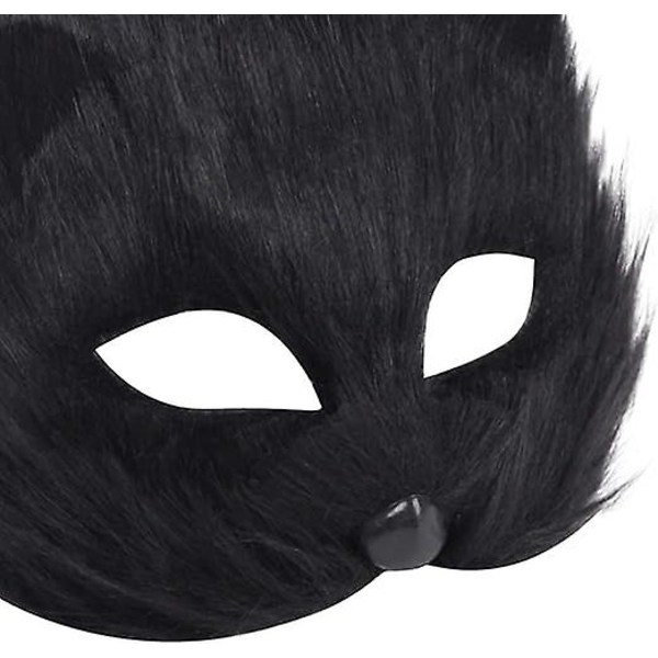 Plysj kattrevemaske, Therian-masker, realistiske kattemasker, halvansiktsdyrmaske, Furry Party Cat Mask Masquerade Mask, Cosplay-kostyme Black