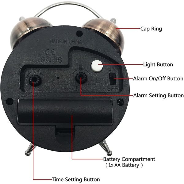 Retro tyst, icke-tickande reseväckarklocka, analog Quartz Twin Bell klocka, batteridriven (3 tum)