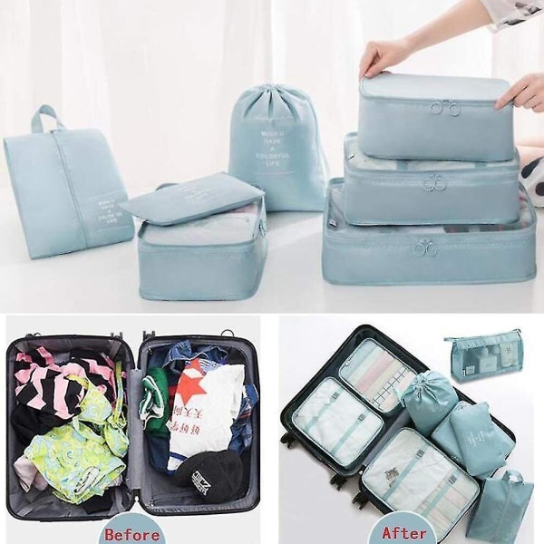 8 stk Organizer Sæt Bagage Kuffert Opbevaringstasker Pakning Rejseterninger Gaver Blue