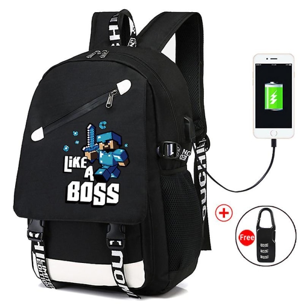 Minecraft Rygsæk Sort Usb Oplader Port Vandtæt rejsetasker Skoletaske 15 Computer Business Taske Vandtæt Mochilas Auburn