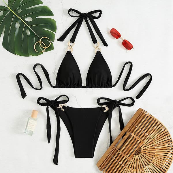 Ribstrikket O-ring Bikini med lav talje og polstring til kvinder, sort, l