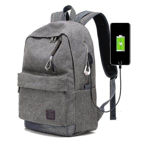 Rygsæk Herre Usb Opladning Retro Canvas øretelefon hul Rejse Sport Casual Multifunktionel rygsæk Grey