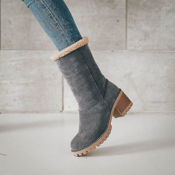 Kvinnor Vinterstövlar Kort Snö Flock Varma Bootie Skor Slip On Kort Ankel Chunky Heel Boots