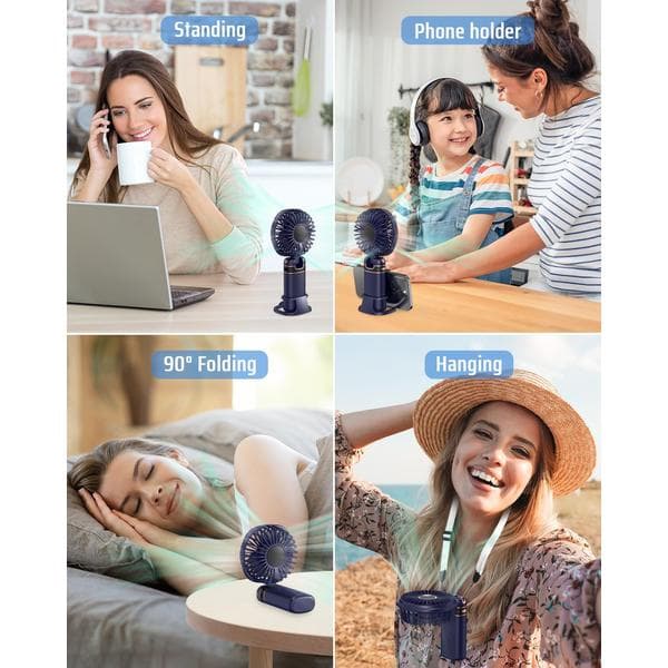 Mini Håndholdt Ventilator, Bærbar USB Håndventilator, Genopladelige Ventilatorer 5 Hastigheder Sammenklappelig Håndventilator med Base Deep Blue