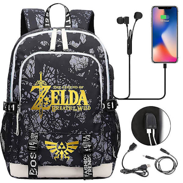 Zelda USB portti kannettavan tietokoneen reppu, koulukirjalaukut, fanien matkalaukku casual tietokonelaukku, lahja 1