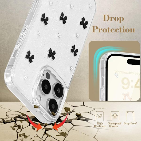 Skal för iPhone 14 Pro, Bling Glitter 3D Rosett Mobilskal Sött Glittrande Kristallklart Rosett Slim Mjukt Tåligt Skyddande Fodral Svart Black iPhone 14 Pro