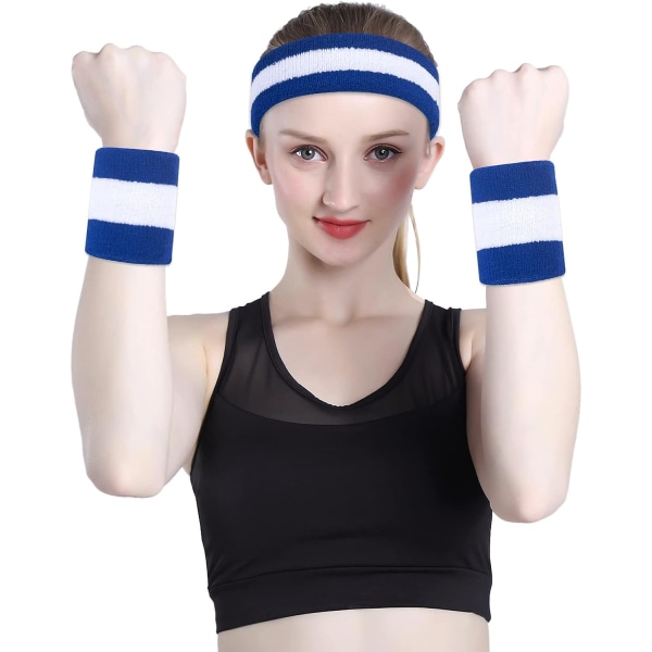 Set (3 delar) Sportpannband Handled Randiga svettband Armband Atletisk och pannband Fuktavledande svettabsorberande pannband Blue/White/Blue