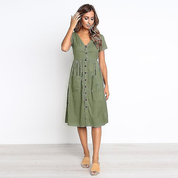 Naisten kesämekot Casual Midi-mekko Lyhythihainen paitamekko V-kaula-aukolla, nappi alas Swing A Line Tunika-mekko taskuilla green