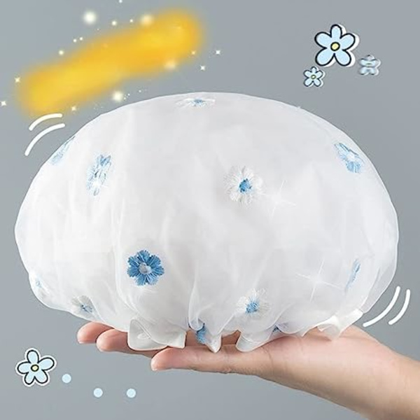Kaksikerroksinen vedenpitävä suihkumyssy, uudelleen käytettävä cap , cap , pehmeä ja mukava PEVA (sininen)