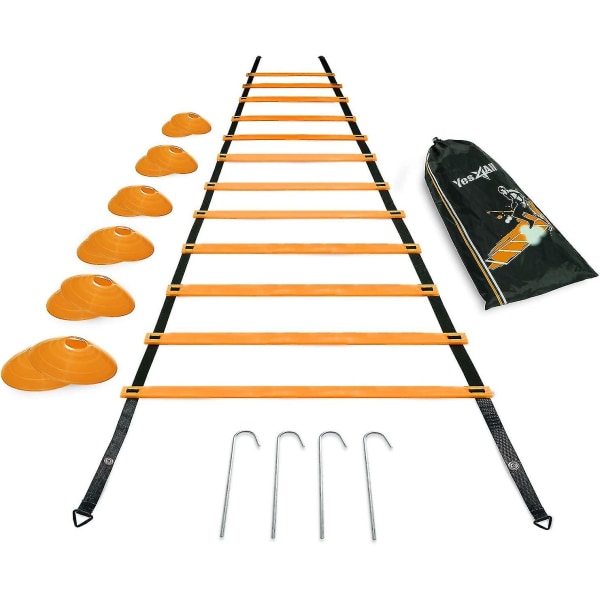 Ultimate Combo Agility Ladder Træningssæt Speed ​​Agility Ladder 12 justerbare trin, 12 agility kegler og 4 stålpæle - Inkluderet bæretaske C  Combo Orange