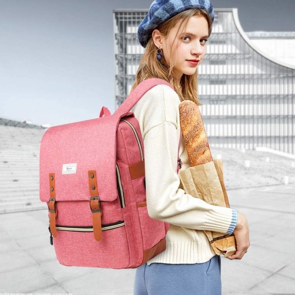 Högskoleryggsäck Max 15,6 tum Laptop Casual Ryggsäck Vattentät Business Travel Skolryggsäck med USB unisex (vattenmelonröd) Pink