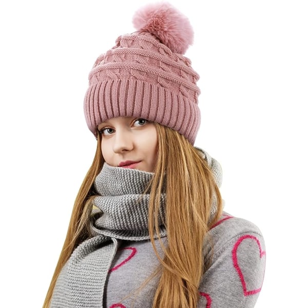Bobble-hatt för kvinnor Vintermössa-mössor Thermal fleece-fodrad mössa Damstickad ullmössor med fuskpäls Pom Pom Pink