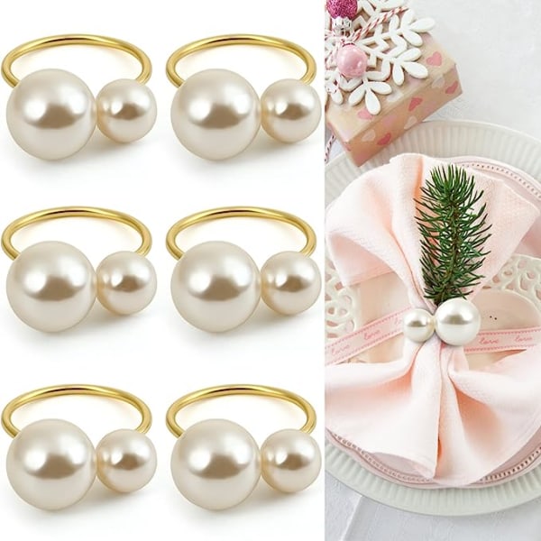 Perle serviettringer sett med 6, gull serviettringer for formell eller uformell dekorasjon av spisebord