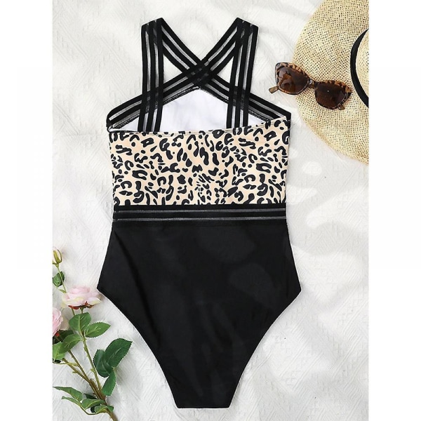 Sexig Beach Summer Backless Dam 1-delad Leopard Bikini med hög midja, Elastiskt ryggkorsrep, Sling (l)