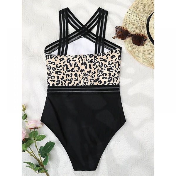 Sexy Beach Summer Backless kvinners 1-delt Leopard Bikini med høy midje, Elastisk rygg krysstau, Slynge (l)