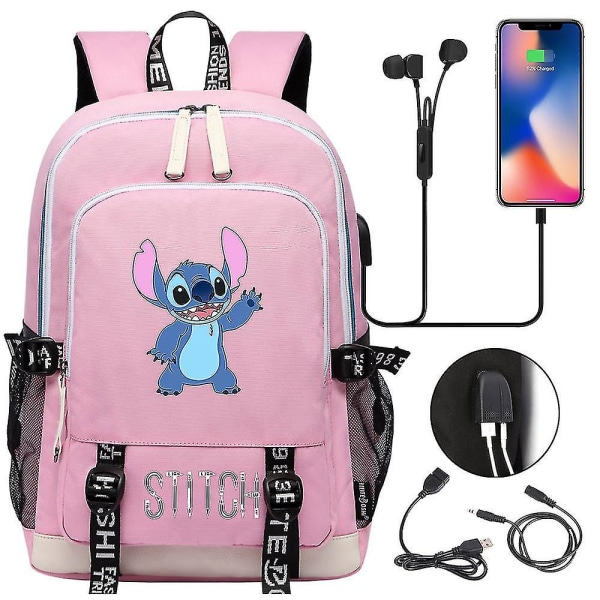 Stitch reseväska, skolväska med USB laddning, Oxford-ryggsäck för Lilo och Stitch-fans, tonåringar laptopväska, perfekt födelsedagspresentväska