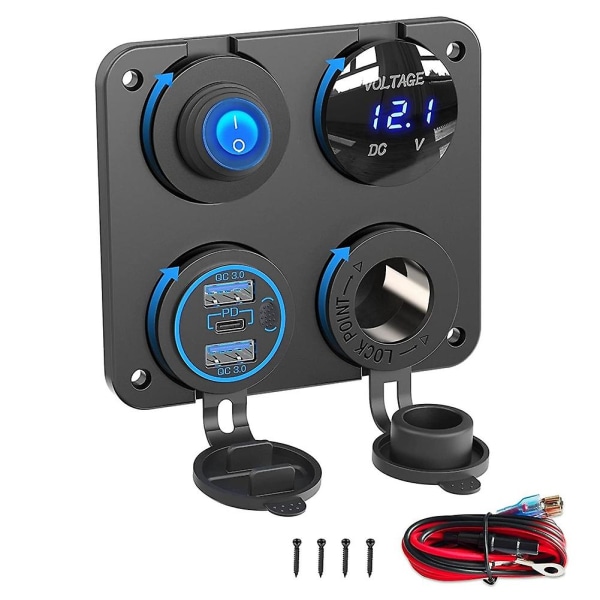 Båt Rv 12v Laddare Socket Panel, 4 In 1 Dc Power 12v Outlet Panel Multi USB Snabbladdare Med Tog