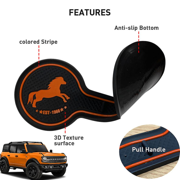 Bil Cup Coaster För Ford Bronco 2020 2021 2022 Läsk Cup Hållare Anti Slip Pad Dagliga interiörtillbehör| | Orange