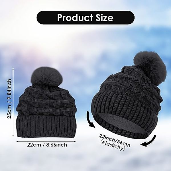 Bobble-hattu naisille Talvipipohatut Thermal fleecevuorattu hattu Naisten neulotut villahatut tekoturkisella Pom Pom Black