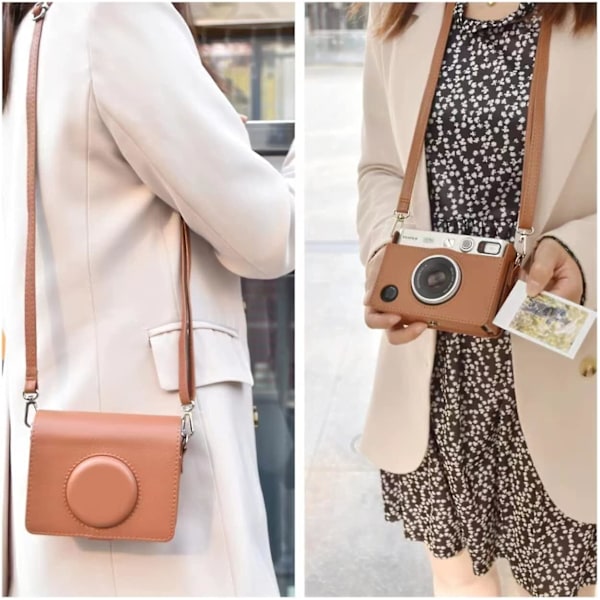 Mini Evo kameraveske kompatibelt for Fuji Instax Mini Evo Instant-kamera med justerbar skulderstropp i brun litchi-tekstur horisontal stil
