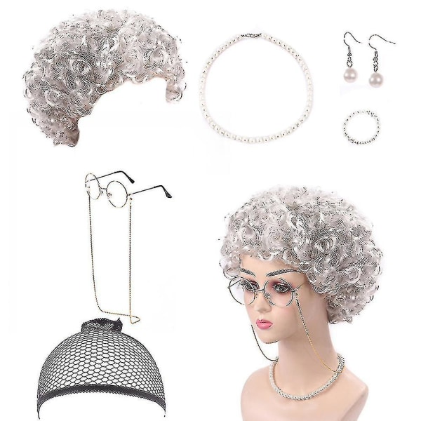 7 stk./sæt bedstemor gammel dame påklædningssæt bedstemor kostume paryk Voksen børn Halloween maskerade cosplay fest hekse dekoration Light Silver Afro