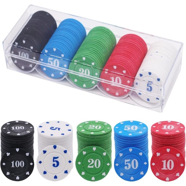 4 x 0,2 cm:n kasinopelimerkkipakkaus, jossa on 100 akryylipokerimerkkiä ja laatikko lähtölaskentamerkeille, pelimerkit, ruletti, keraamiset pokerimerkit