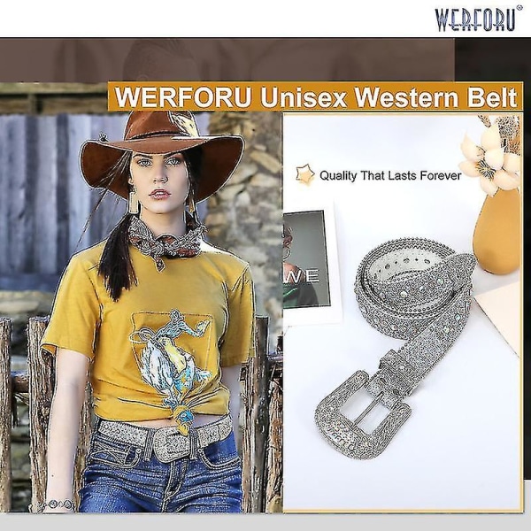 Strassbälte för män kvinnor Western Cowboy Cowgirl Bling dubbat läderbälte för jeansbyxor Silver 115cm(45Inch)