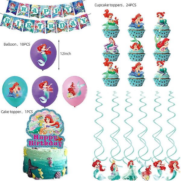 Prinsessa Ariel -teema syntymäpäiväjuhlasisustus, Set sisältää Happy Birthday -bannerin, kakun/kuppikakun päällyksen, ilmapallon, riippuvat pyörteet